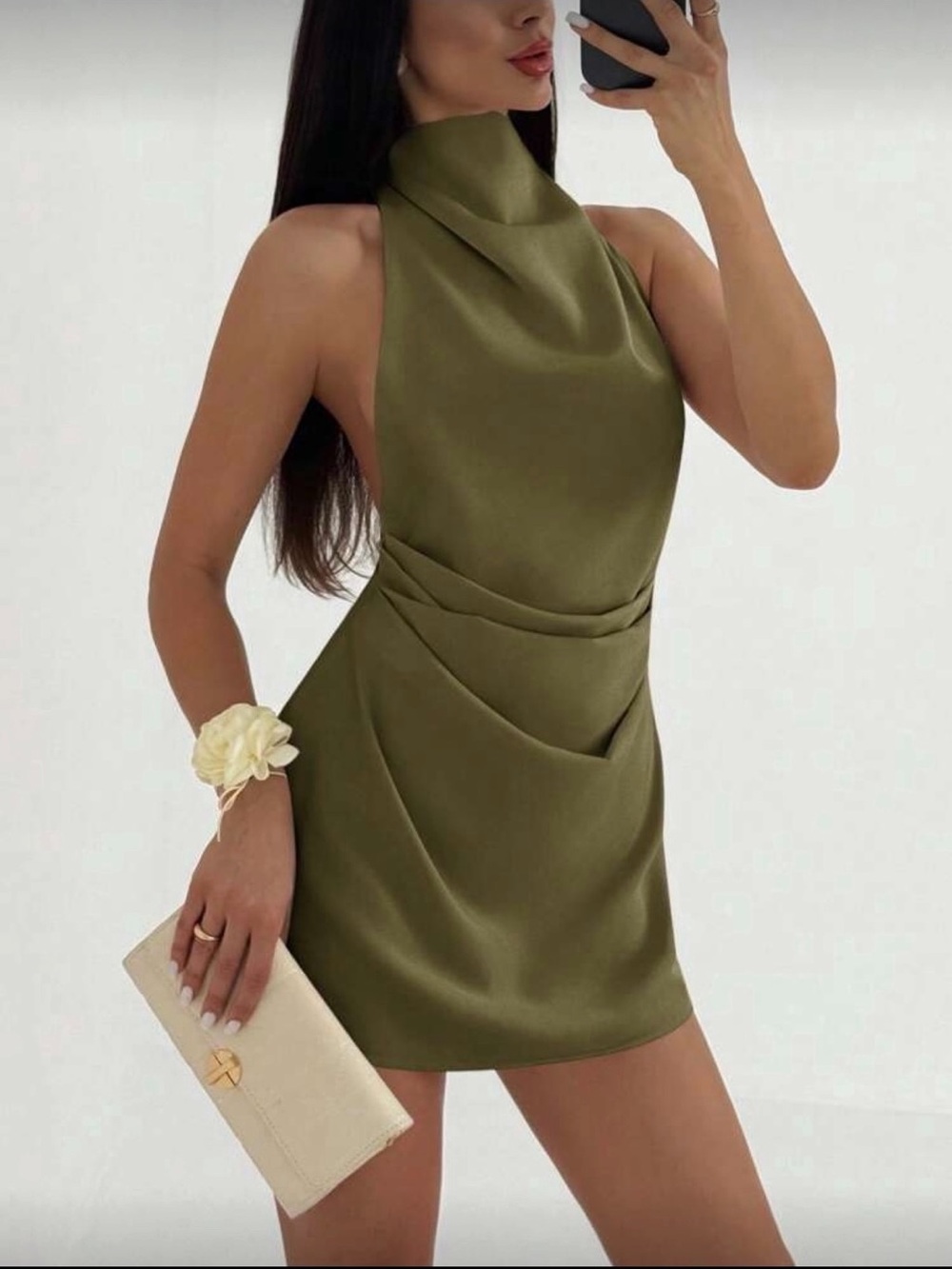 SHEIN Olive Green Satin Halter Mini Dress